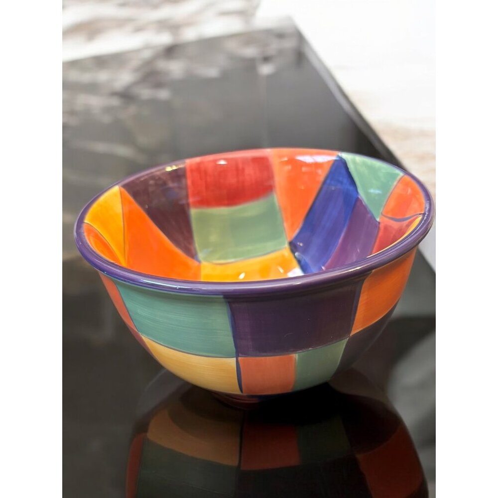 Corsica Hand Painted Soup Bowl Multicolored Check Block design 3.5x6